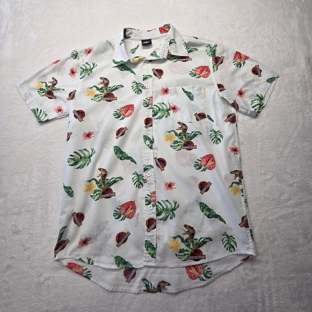 Jurassic World Hawaiian Button Up Shirt Men’s Medium Dino Floral Tropical Top